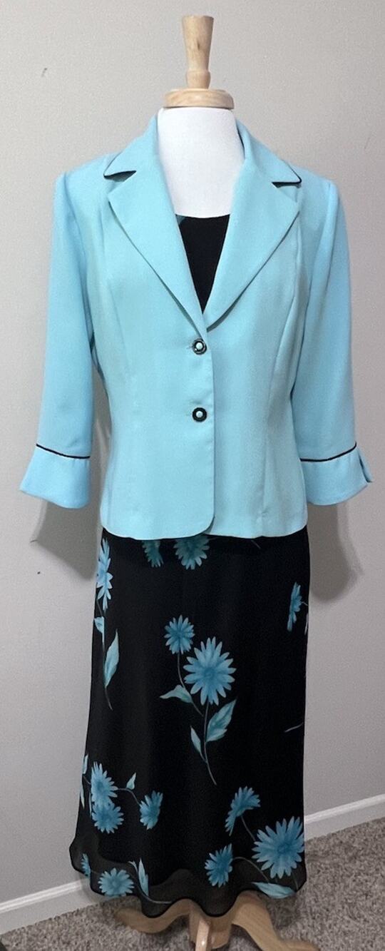 Studio I Womens 12 Black Baby Blue Romantic Floral Sheath Dress & Jacket 2pc Set